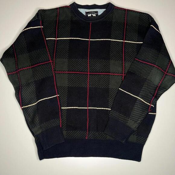 Vintage Woods & Gray Plaid Cotton Sweater Men’s Size L Black Green Red 90s Style - Picture 1 of 11